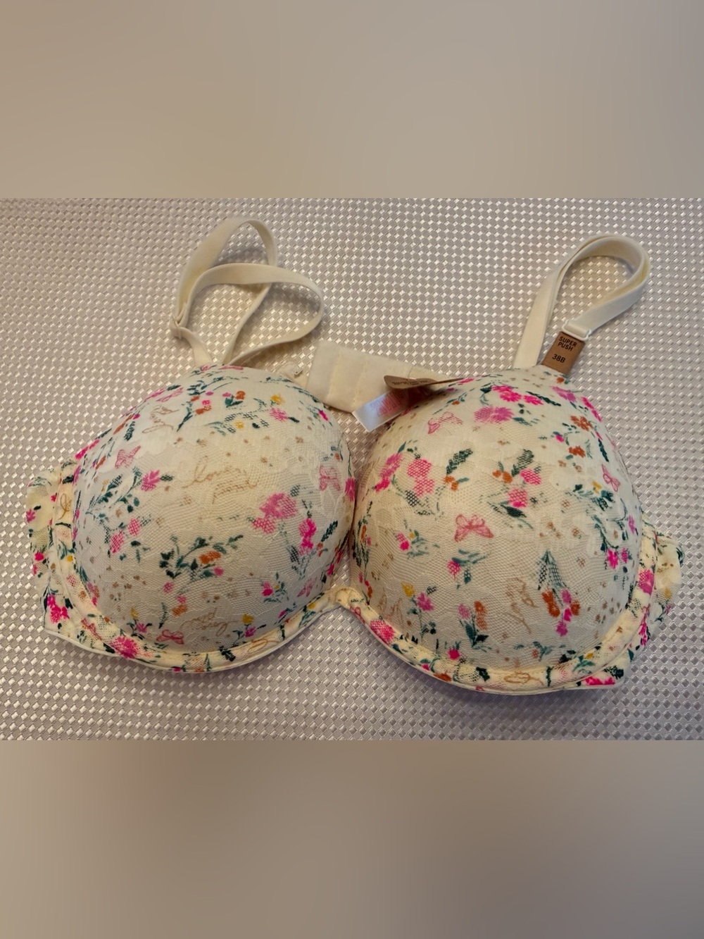 PINK Floral Lace Trim Padded Bra - Cream with Pink & Green Floral Print, 38B